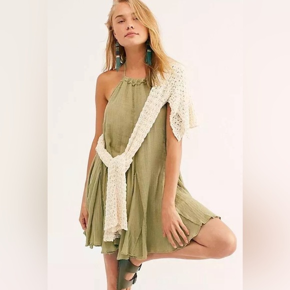 Free People Womens L Catching Rays Green Boho Fairy Raw Hem Halter Tunic Dress - Picture 1 of 12